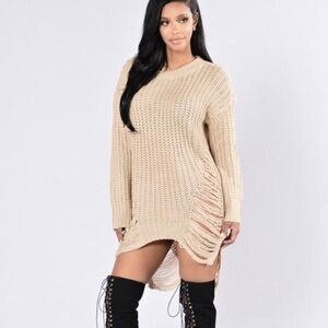 FASHION NOVA Women's Beige/Cream Distressed Shredded Sweater Mini Dress Size M/L